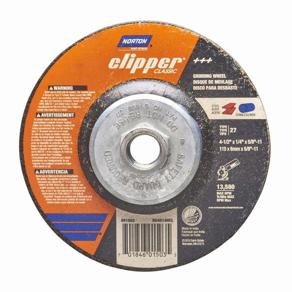 Norton Door Controls Norton Clipper 4-1/2 in. D X 5/8-11 in. Classic Grinding Wheel 70184601503